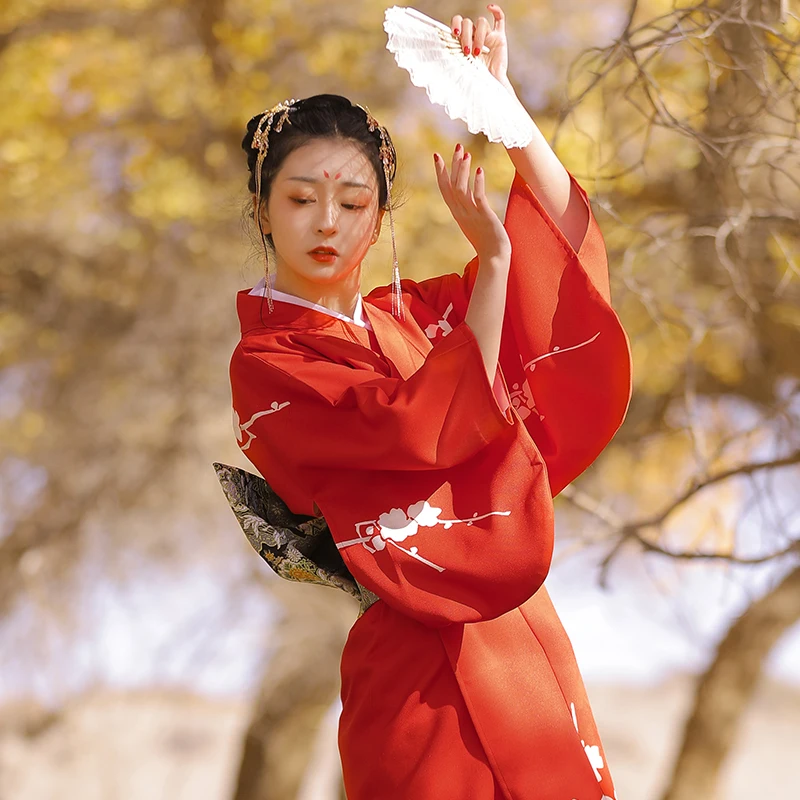Traditional Winter Japanese Clothing - Red Color Winter Plum Prints Women