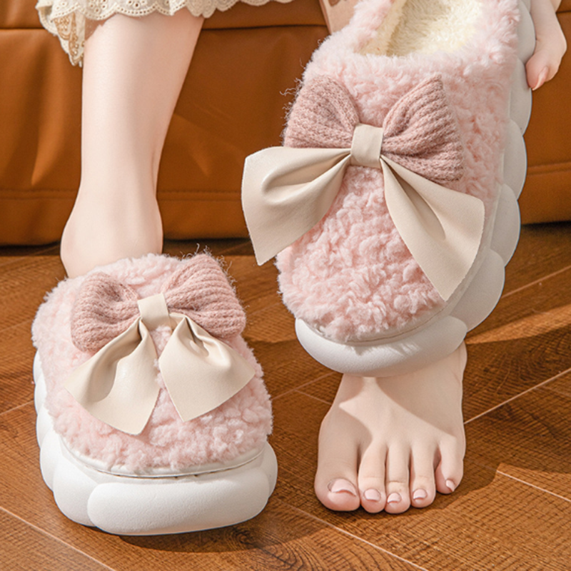 Winter Clothing Material - Sweet Bowknot Furry Indoor Slippers Women