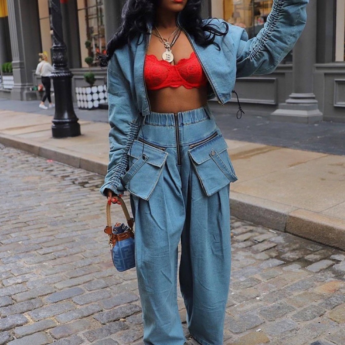 Denim Two Piece Sets Women Pan - Winter Clothing Material recension och pris